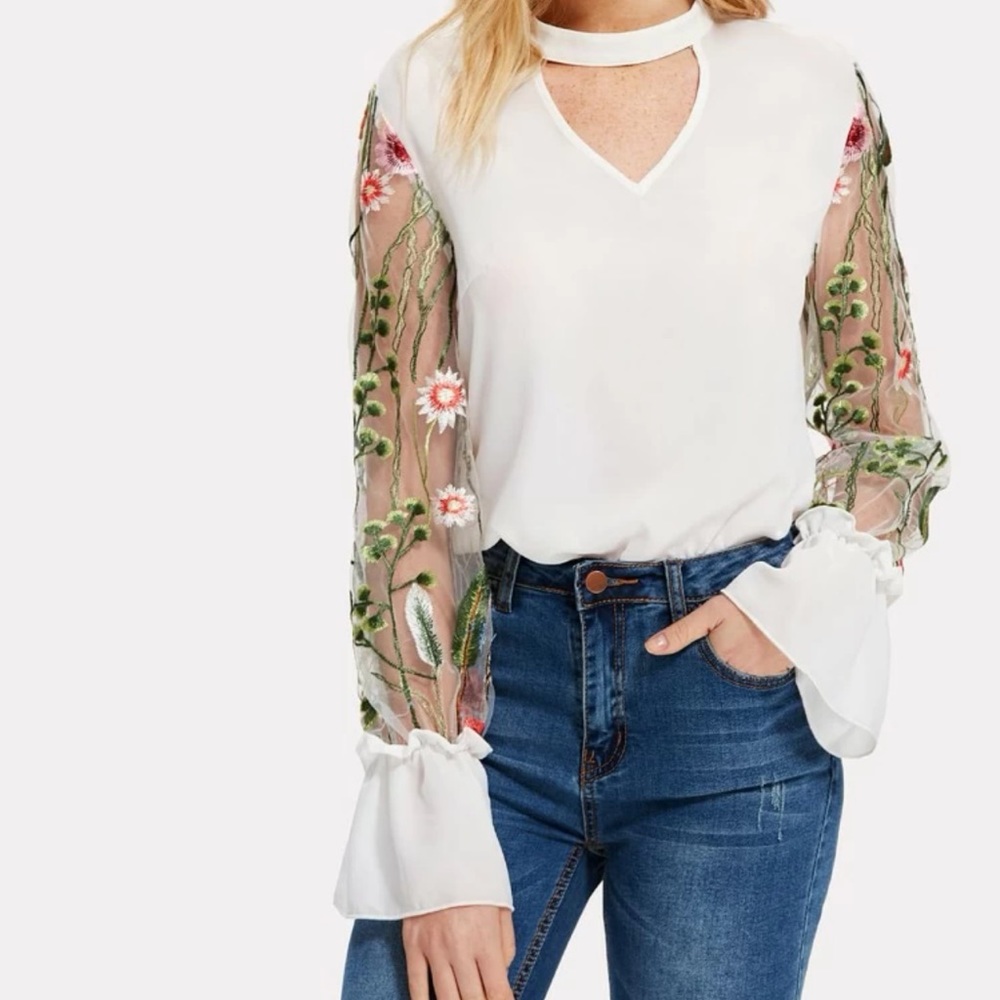 Embroidered sleeve white blouse